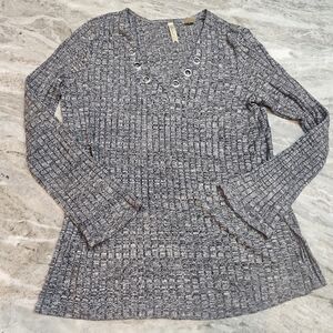 Chenault Women’s Large Black White Marled Knit Tunic Top Grommet Neckline Long S